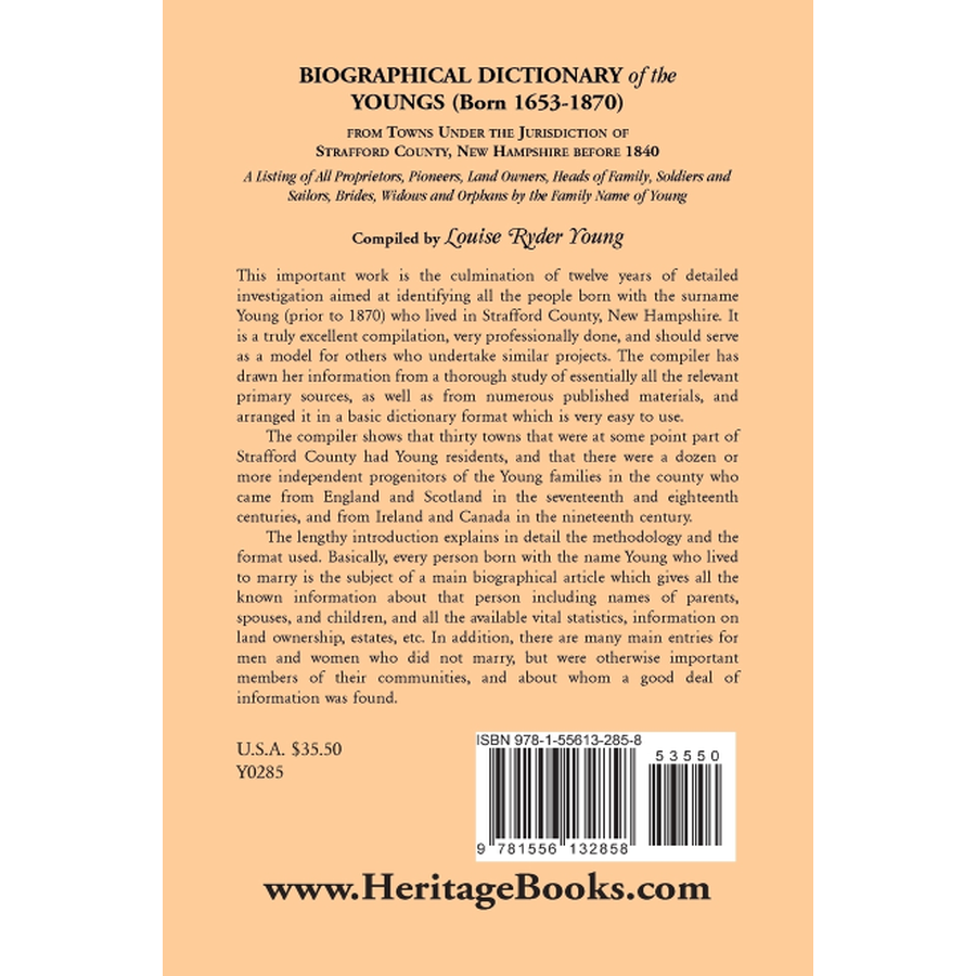 back cover of Biographical Dictionary of the Youngs (born 1653-1870) from Towns under the Jurisdiction of Strafford County, New Hampshire before 1840