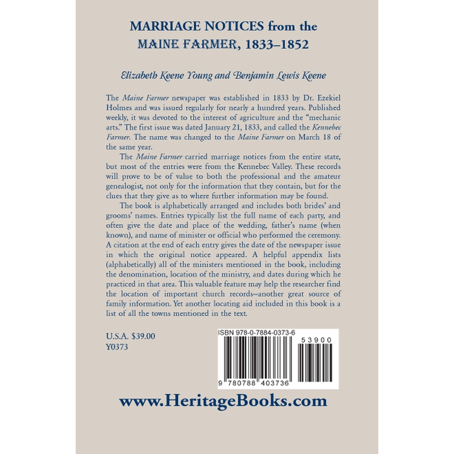 Marriage Notices from the Maine Farmer 1833 back cover
