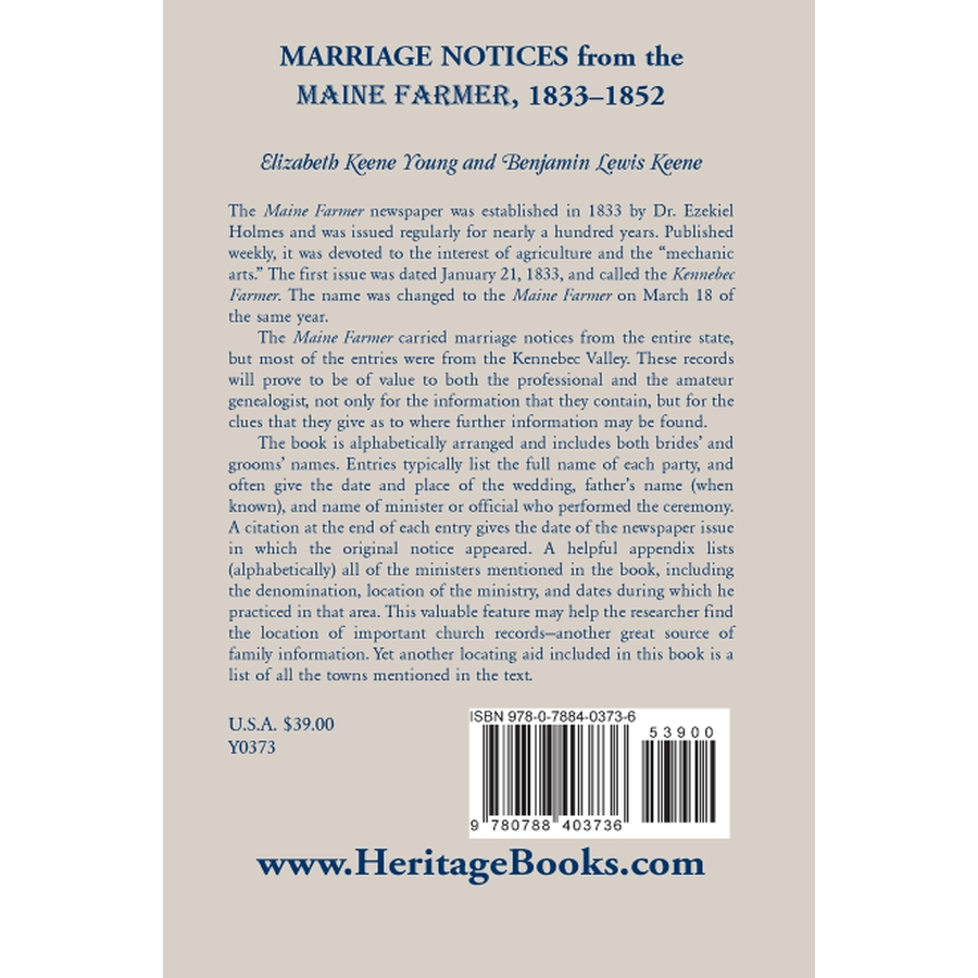back cover of Marriage Notices from the Maine Farmer 1833