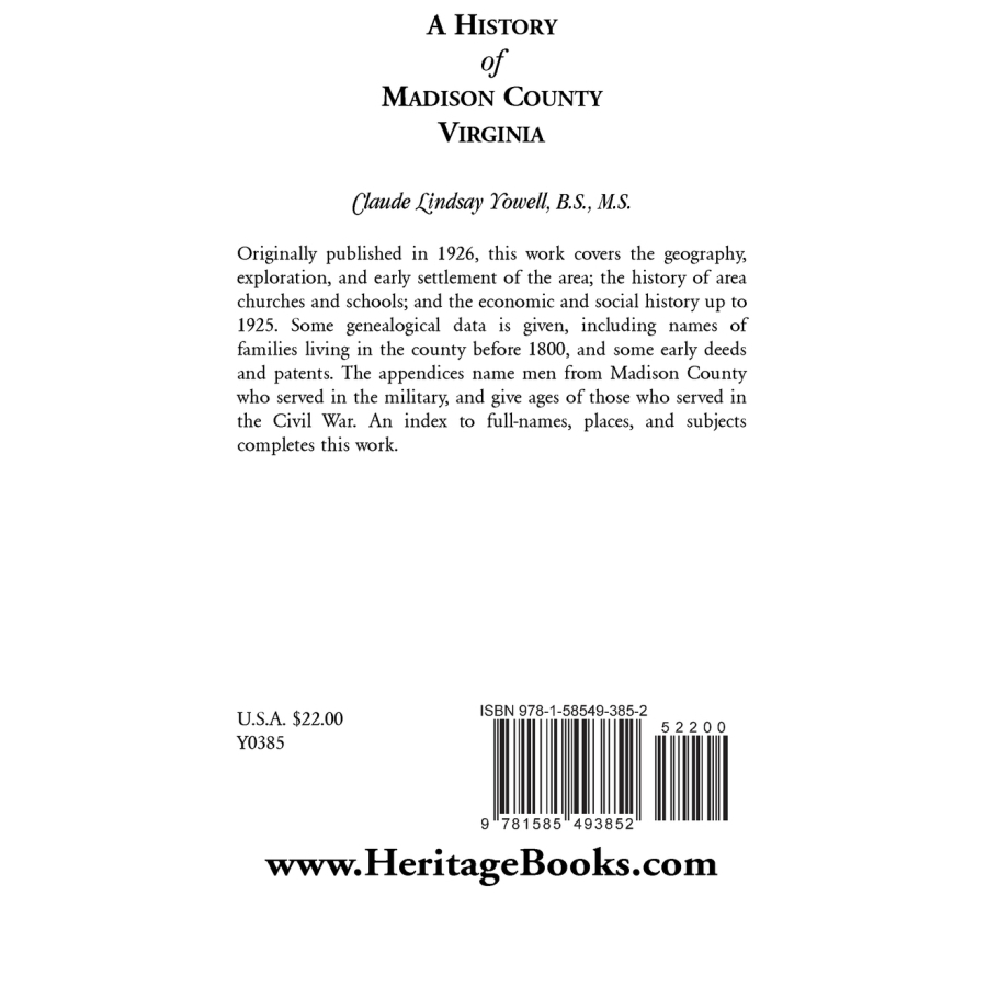 A History of Madison County, Virginia back cover