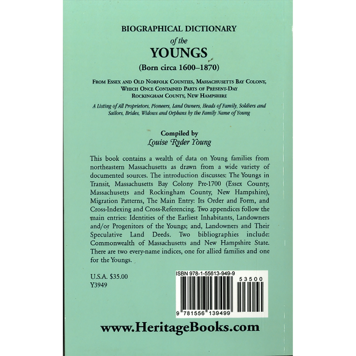 Biographical Dictionary of the Youngs (born circa 1600-1870) from Essex and Old Norfolk Counties, Massachusetts Bay Colony back cover