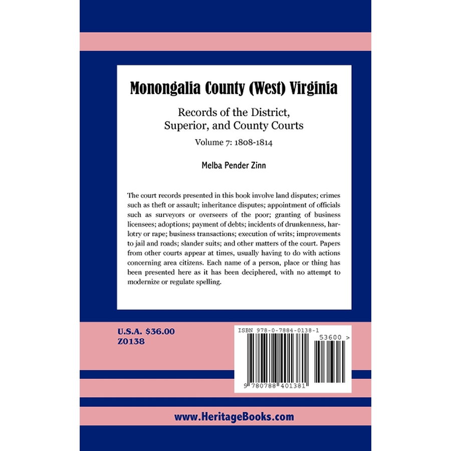 Monongalia County, (West) Virginia Records of the District, Superior, and County Courts, Volume 7, 1808-1814 back cover
