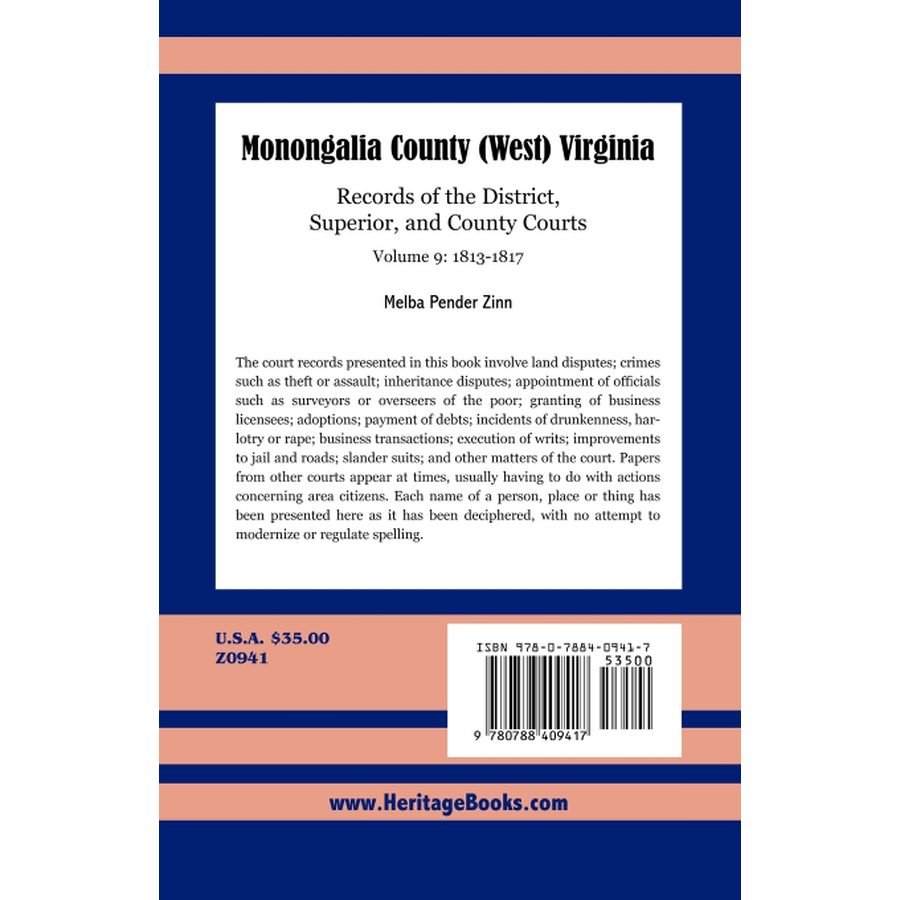 back cover of Monongalia County, (West) Virginia: Records of the District, Superior, and County Courts, Volume 9 1813-1817