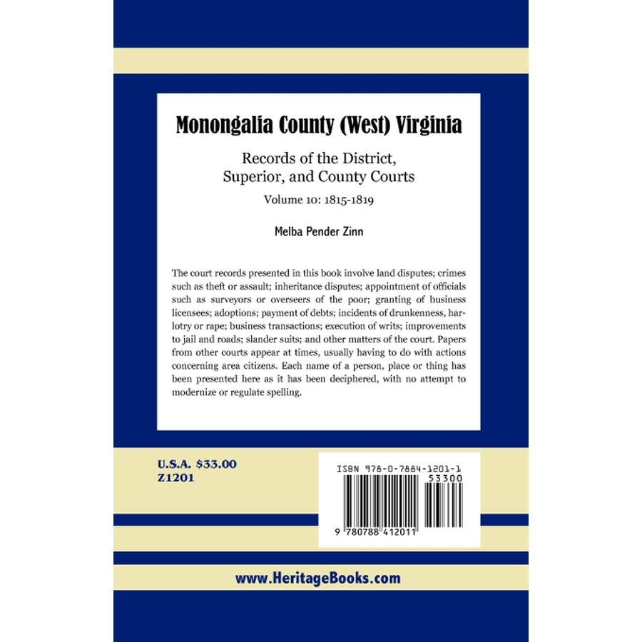 back cover of Monongalia County, (West) Virginia: Records of the District, Superior, and County Courts, Volume 10 1815-1819