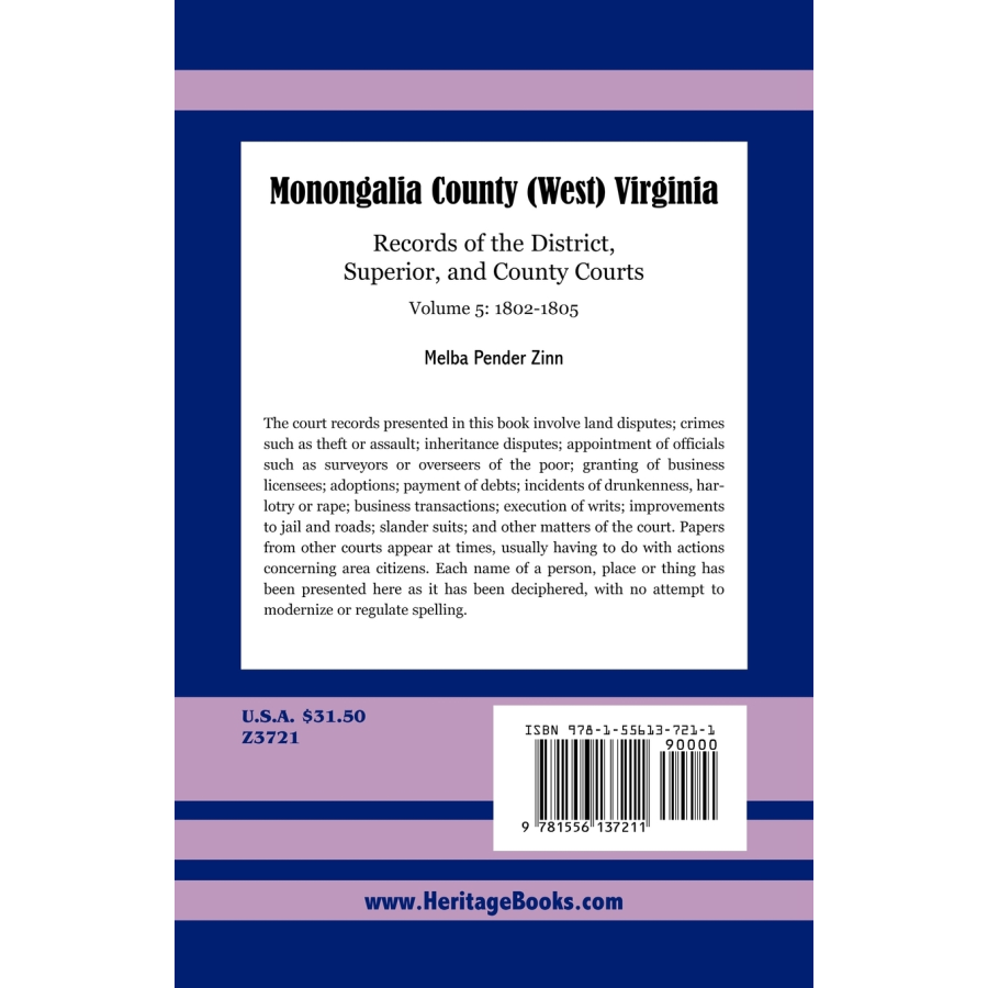 Monongalia County, (West) Virginia Records of the District, Superior, and County Courts, Volume 5, 1802-1805 back cover