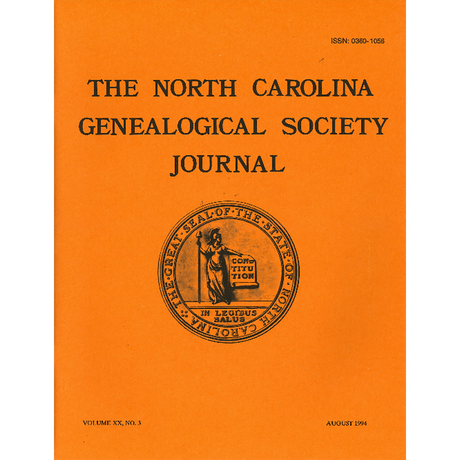 The North Carolina Genealogical Society Journal, Volume 20, No. 3  August, 1994