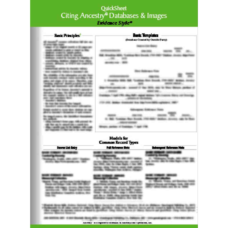 QuickSheet: Citing Ancestry Databases and Images Evidence Style, Second Edition, Revised