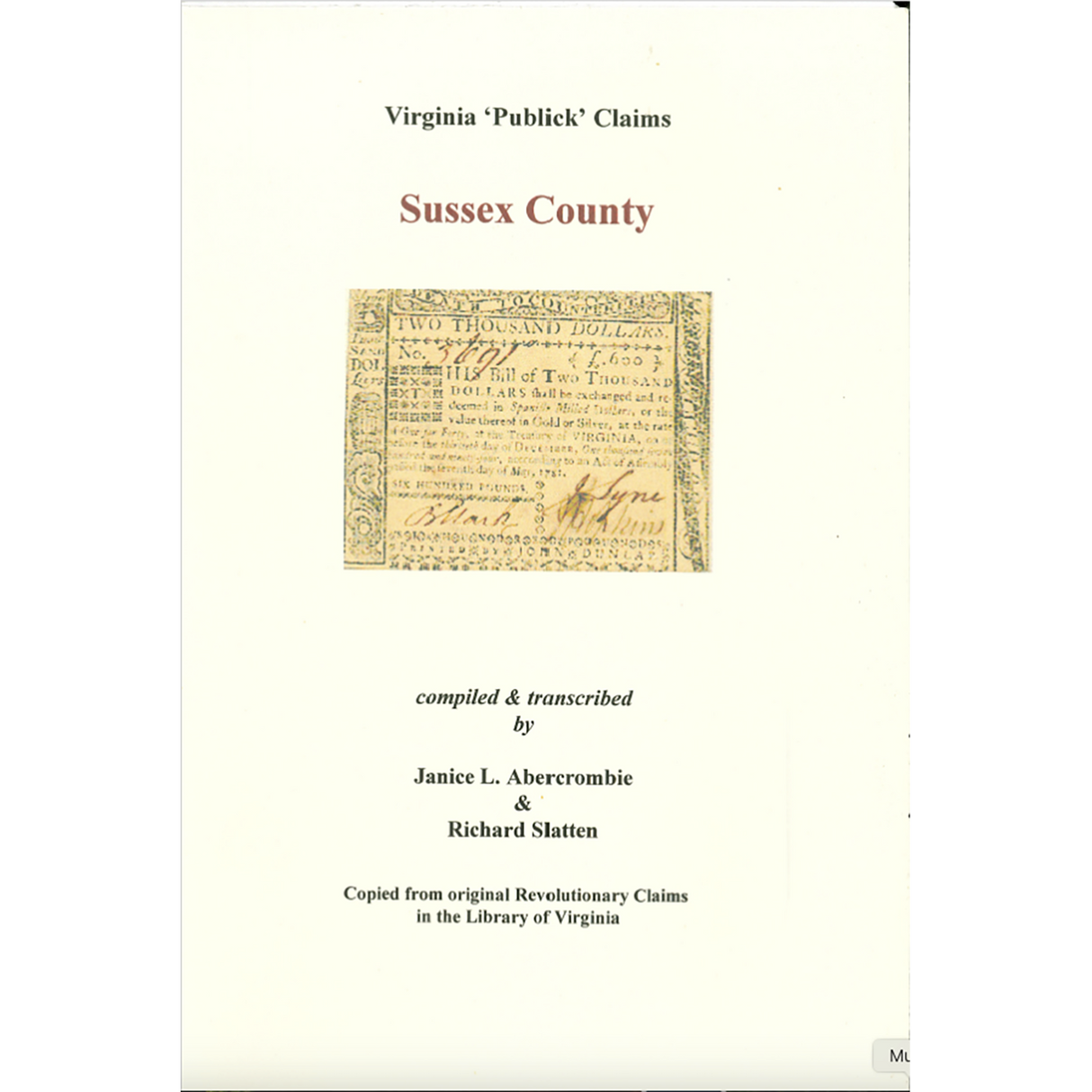 Sussex County, Virginia Revolutionary "Publick" Claims
