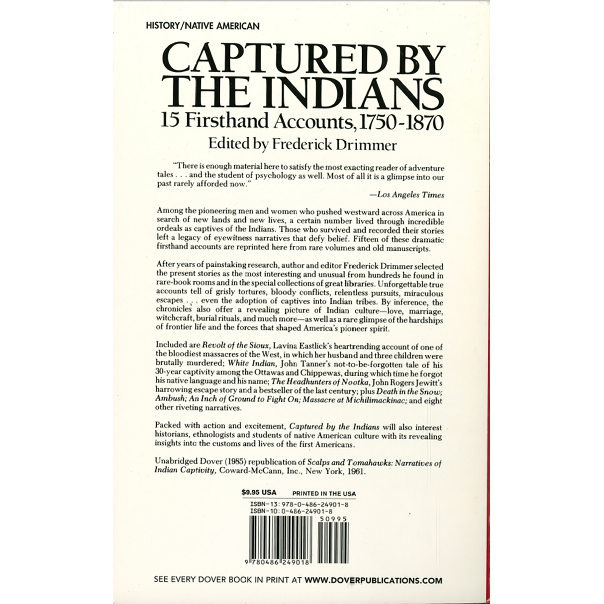 Captured By The Indians: 15 Firsthand Accounts, 1750-1870 back cover
