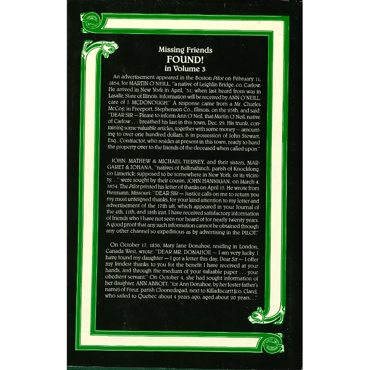 The Search for Missing Friends, Volume III, 1854-1856: Irish Immigrant Advertisements Placed in the Boston Pilot back cover