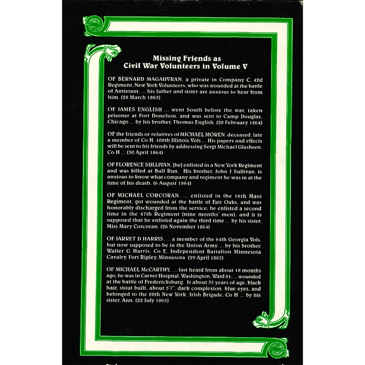 The Search for Missing Friends, Volume 5, 1861-1865: Irish Immigrant Advertisements Placed in the Boston Pilot back cover