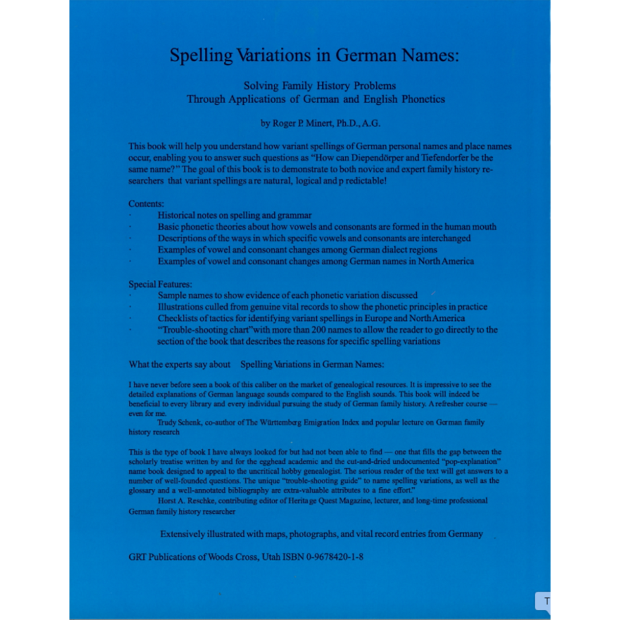 Spelling Variations in German Names: Solving Family History Problems Through Applications of German and English Phonetics back cover
