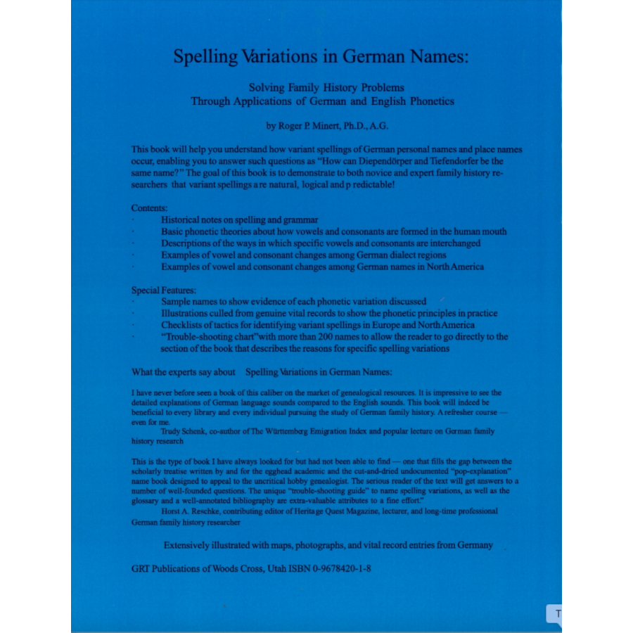 Spelling Variations in German Names: Solving Family History Problems Through Applications of German and English Phonetics back cover