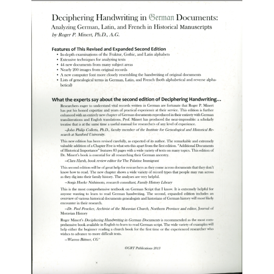 Deciphering Handwriting in German Documents: Analyzing German, Latin, and French in Historical Manuscripts, Second Edition, Revised & Expanded back cover