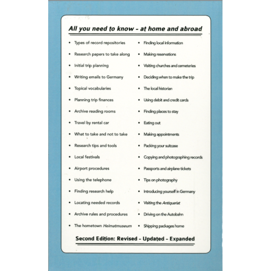 Researching in Germany, A Handbook for Your Visit to the Homeland of Your Ancestors, 2nd Edition back cover