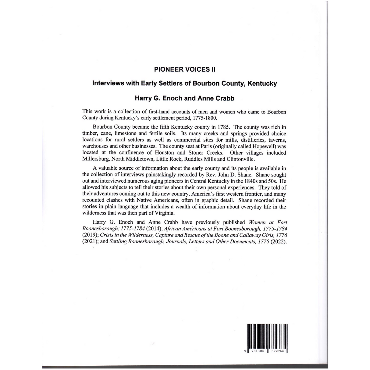 Pioneer Voices II: Interviews with Early Settlers of Bourbon County, Kentucky back cover