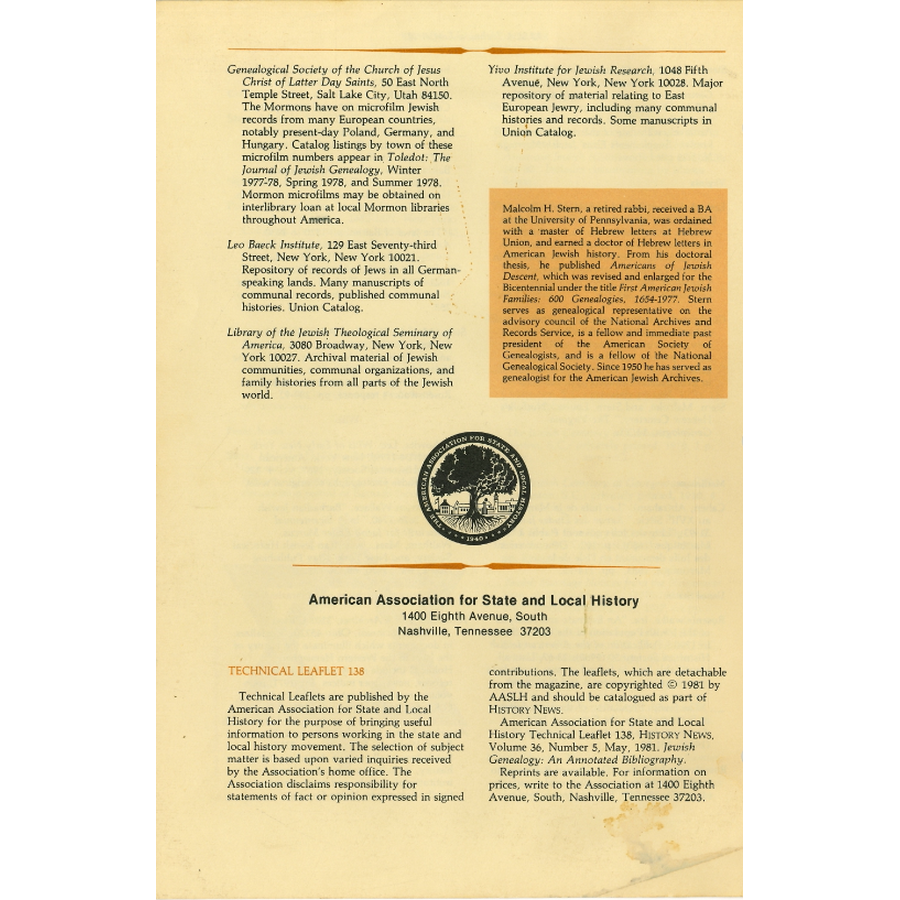 Jewish Genealogy:  An Annotated Bibliography (AASLH Technical Leaflet) back cover